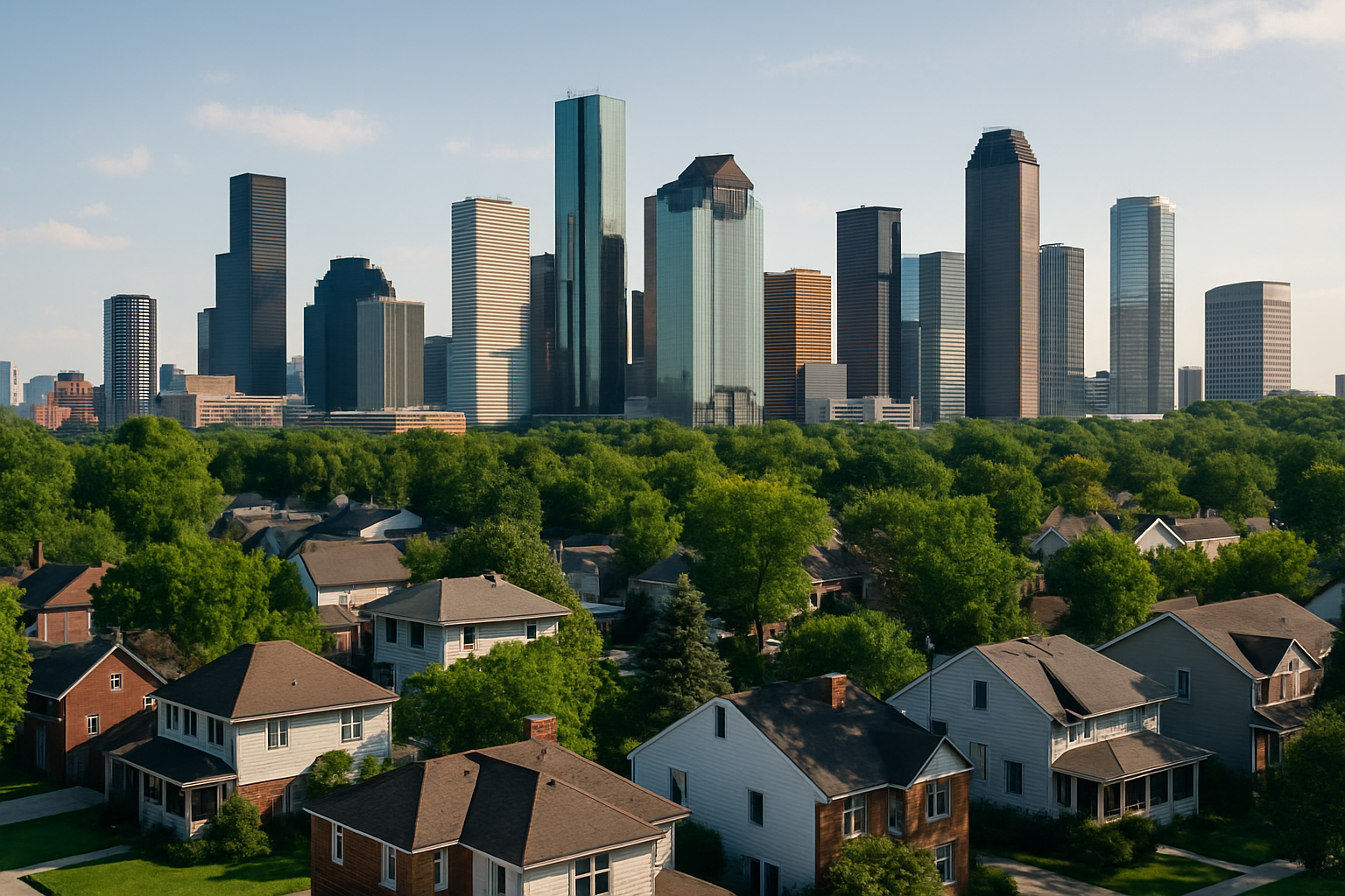 Downtown cityscape view showing modern buildings and busy streets